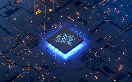 A microchip on a circuit board with AI written on it
